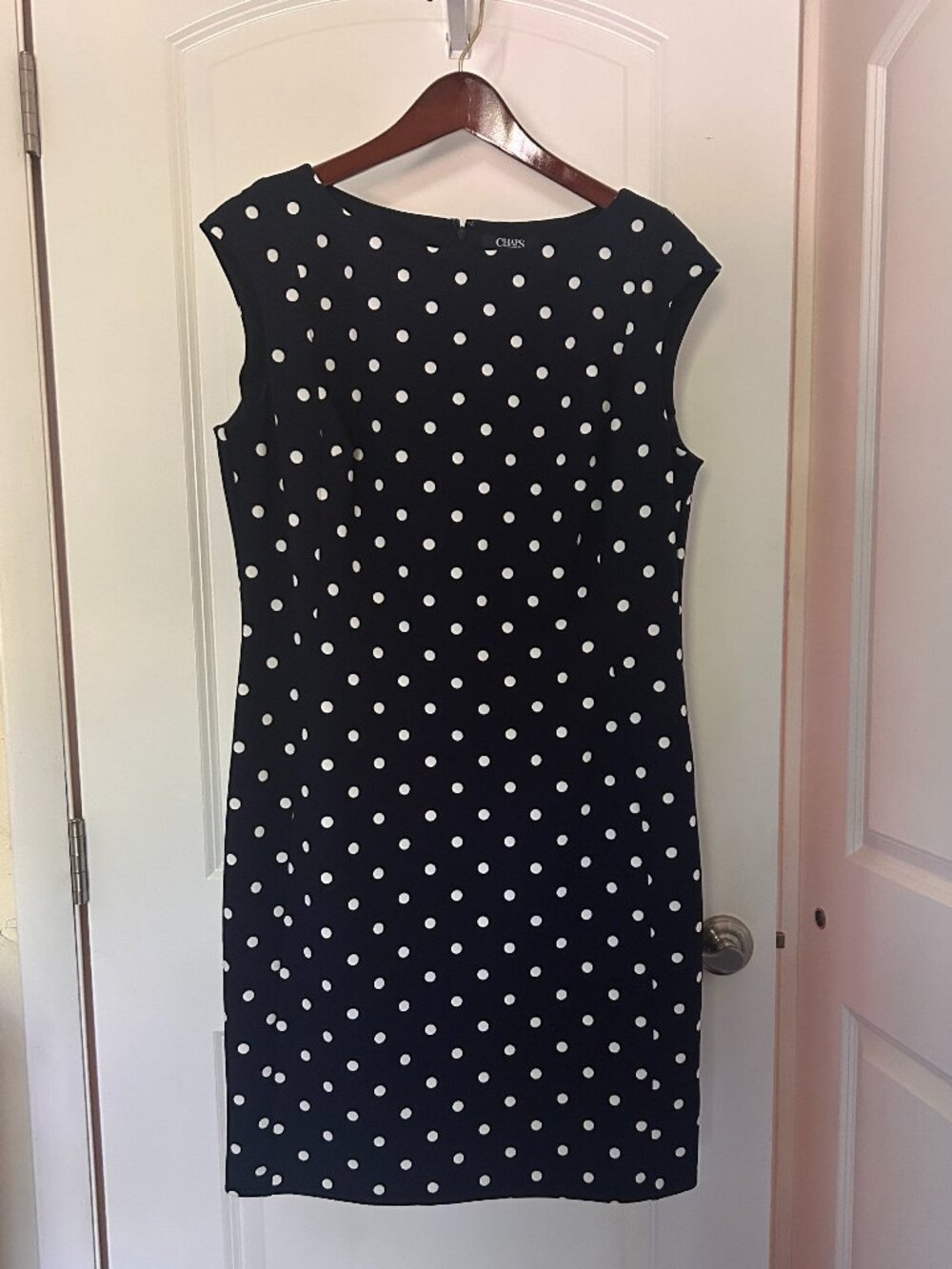 Chaps Navy White Polka Dot Sheath Dress Sleeveless Stretch Knee Length Size 14